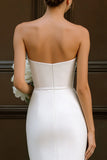 Simple Strapless Bodycon White Midi Engagement Dress with Bow