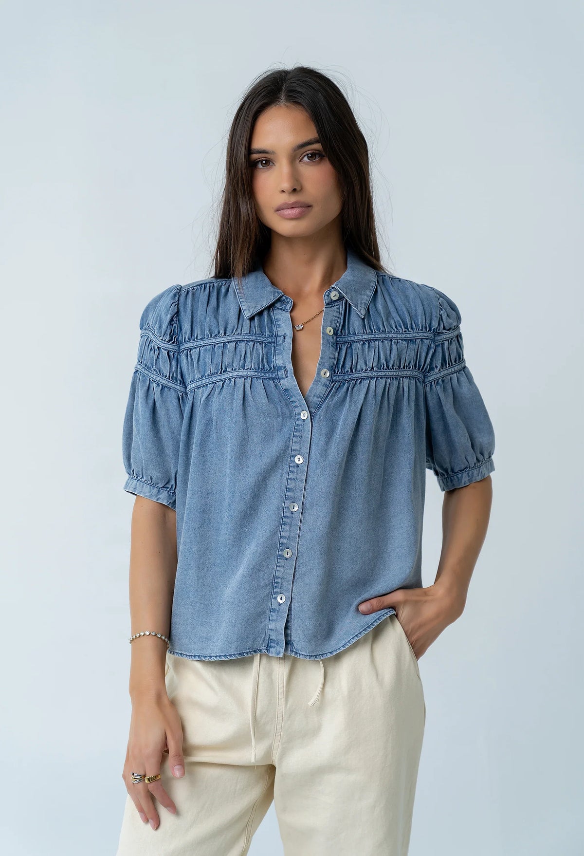 Whitney Button Up Blouse in Medium Wash