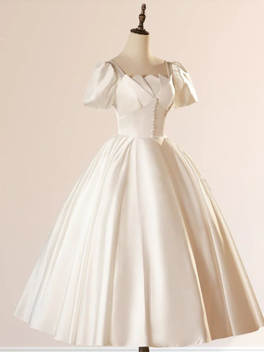 White Satin Square Neck Short Sleeve Lace Up Wedding Dress