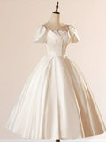 White Satin Square Neck Short Sleeve Lace Up Wedding Dress