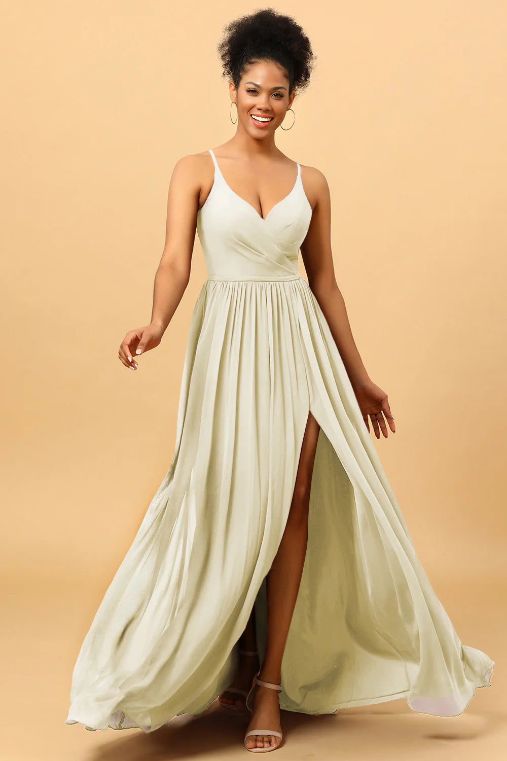 A Line Spaghetti Straps Ruched Long Chiffon Bridesmaid Dress with Slit