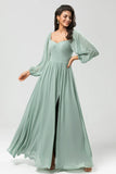 Matcha A Line Off The Shoulder Chiffon Bridesmaid Dress with Slit