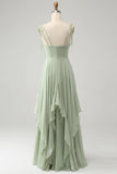 Elegant Matcha A Line High Low Hem Chiffon Long Bridesmaid Dress with Ruffles