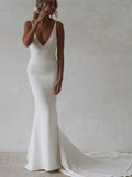 Elegant Mermaid V Neck Elastic Satin Long Wedding Dresses
