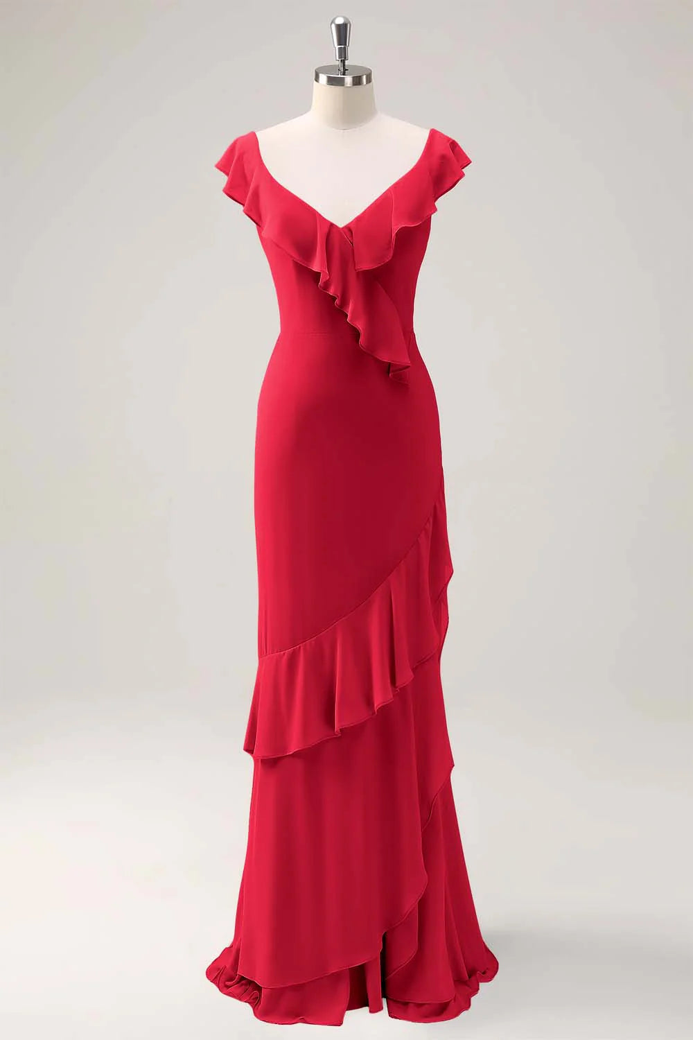 Dusty Sage Sheath V Neck Open Back Chiffon Long Bridesmaid Dress with Ruffles