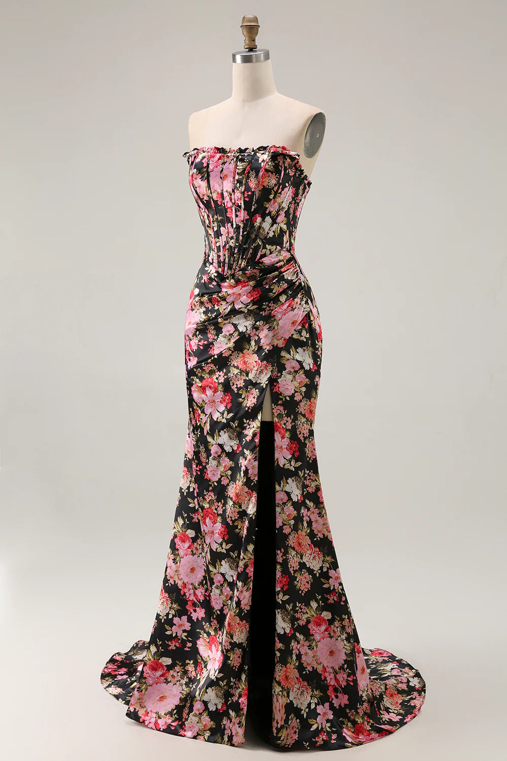 Black Pink Floral Mermaid Strapless Corset Long Prom Dress with Slit