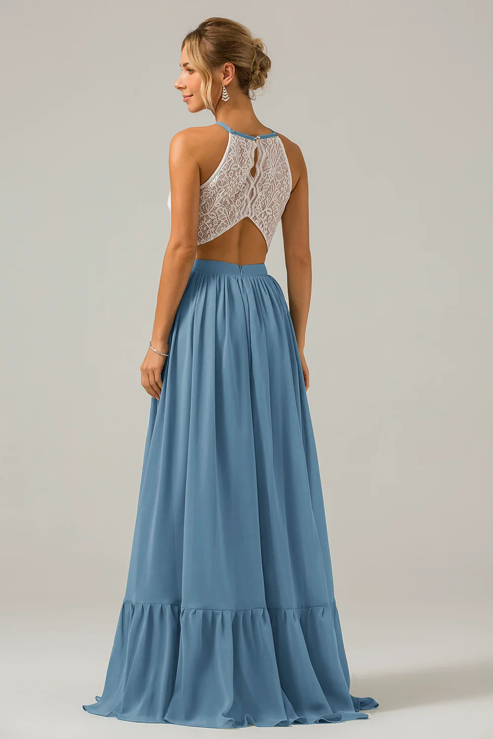 A Line Halter Pleated Keyhole Chiffon Bridesmaid Dress With Lace