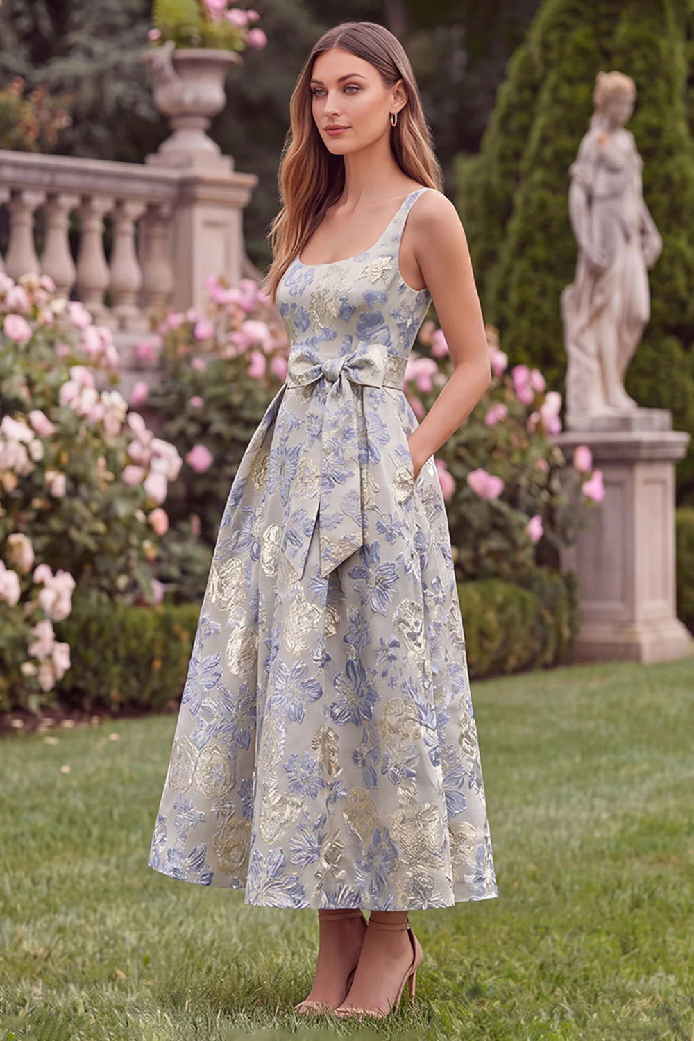 Light Blue A Line Floral Bow Jacquard Square Neck Wedding Guest Dress with Pockets