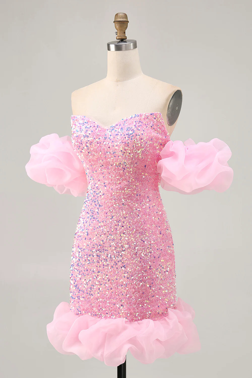 Pink Off The Shoulder Bodycon Sequins Short Homecoming Dress