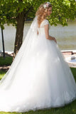 Ball Gown V Neck Ruched Cap Sleeve Tulle Wedding Dress