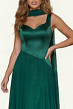 Dark Green Satin A Line Long Bridesmaid Dress with Streamer
