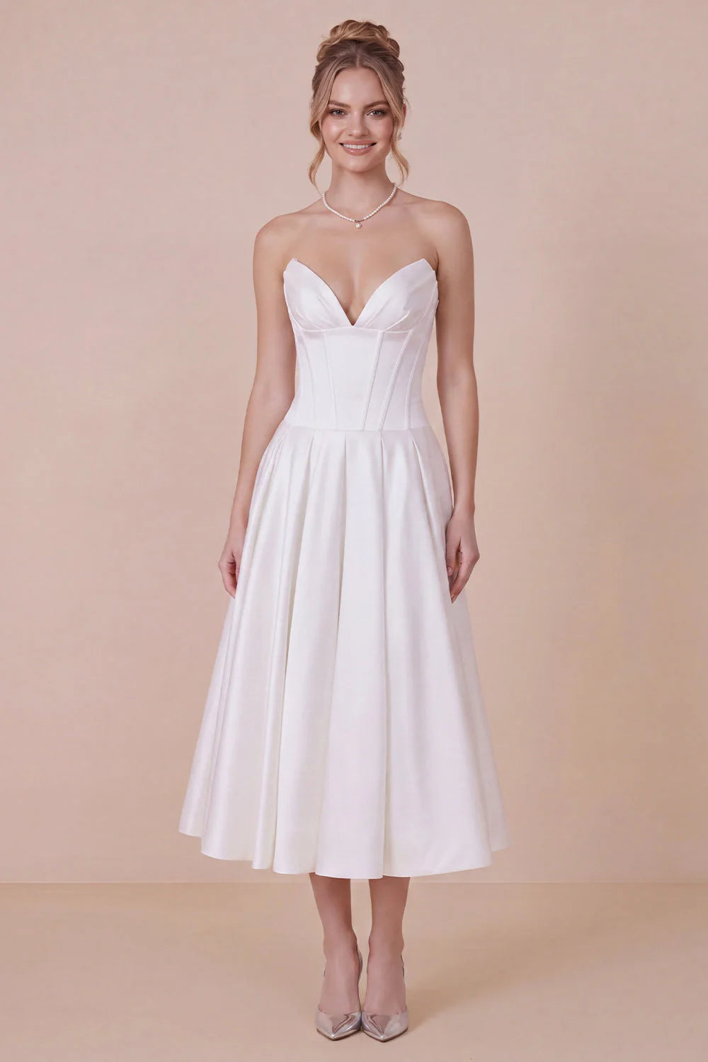 White Satin A Line Corset Midi Dress with Lace up Back