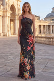 One Shoulder Cut Out Mermaid Floral Black Formal Dress