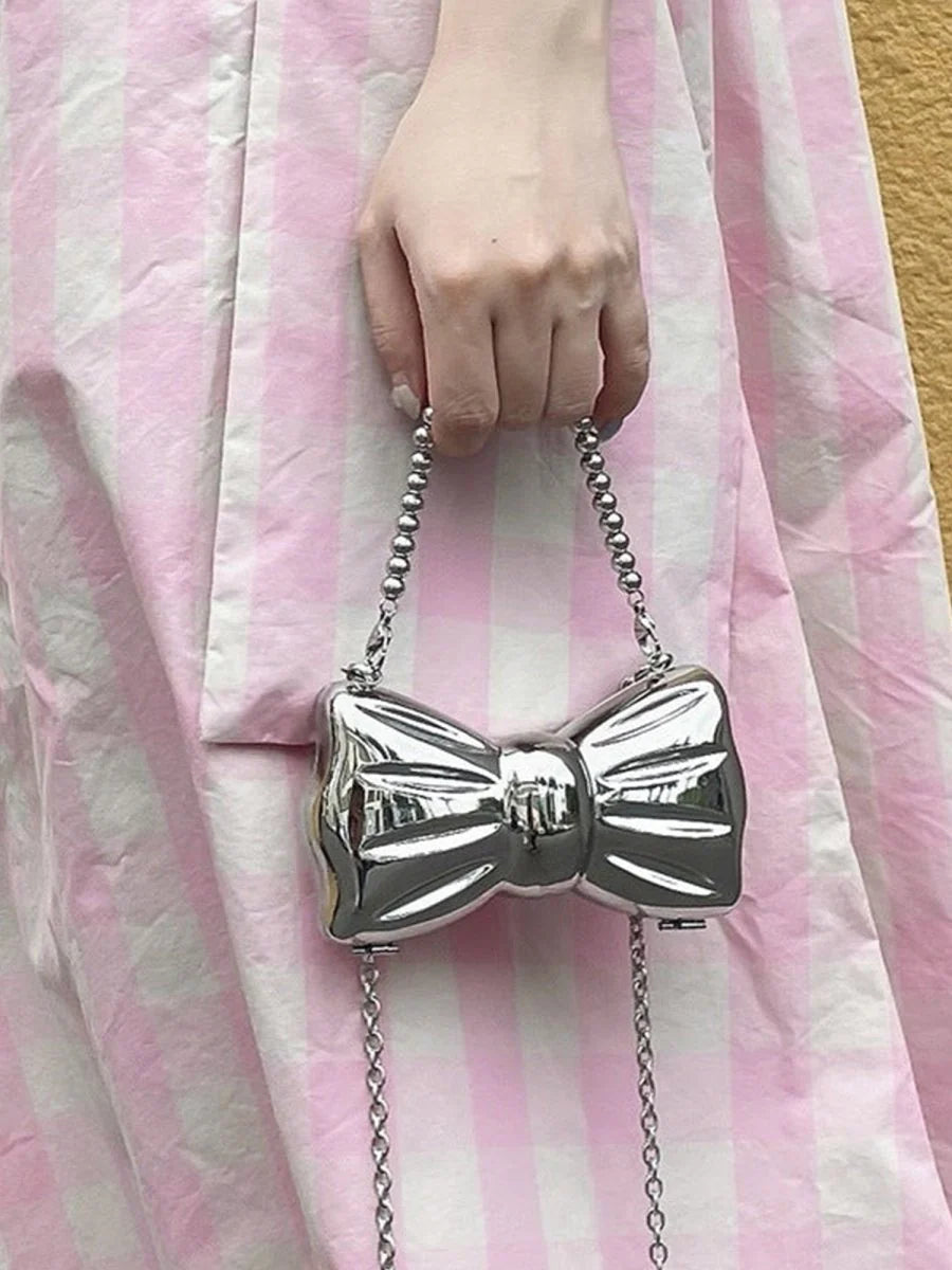 Womens Silver Bow Clutch Mini Evening Bags