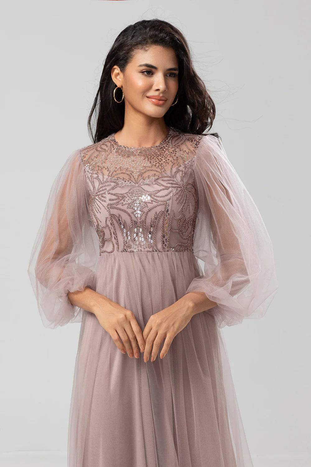 A Line Tulle Beaded Dusty Blue Bridesmaid Dress With Long Sleeves