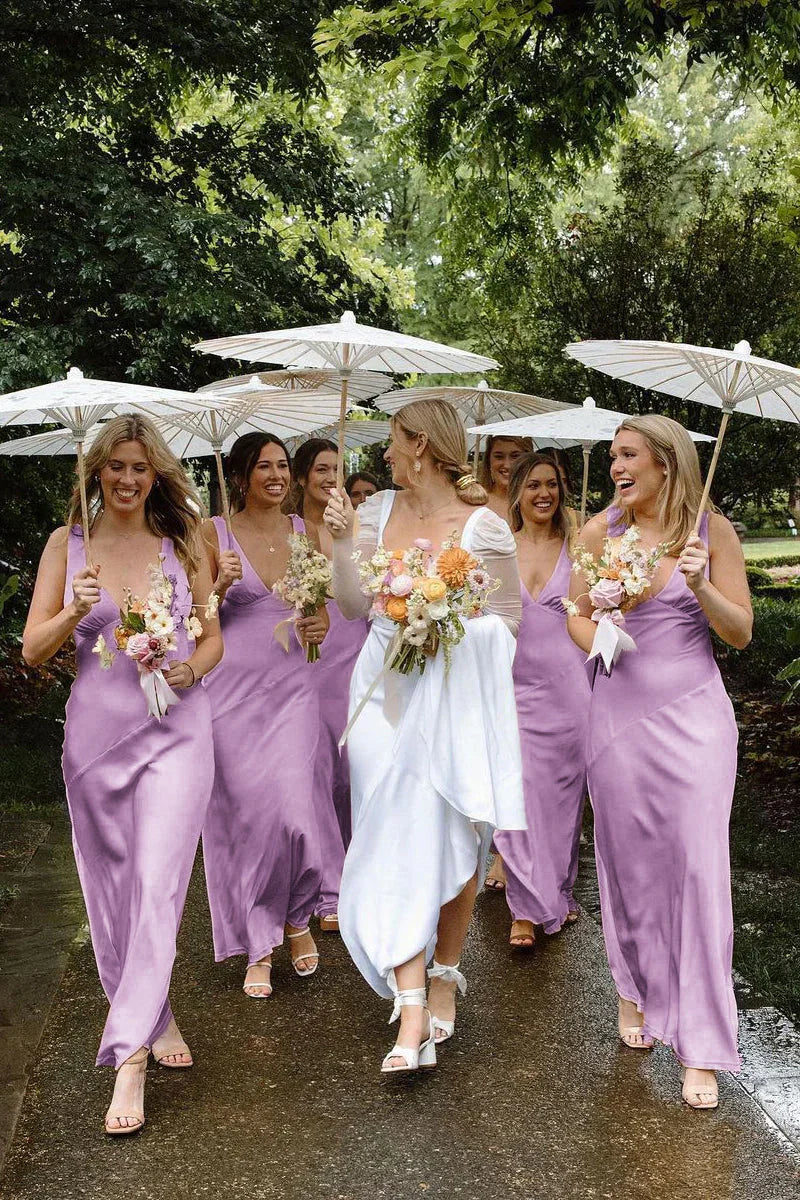 Charming Sheath V Neck Stretch Satin Bridesmaid Dresses