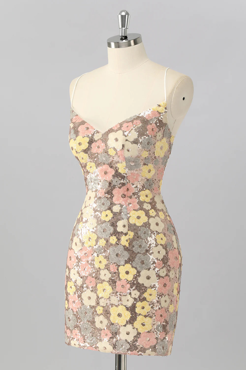 Yellow Flower Bodycon Sequins Spaghetti Straps Homecoming Dress with Lace Up Back