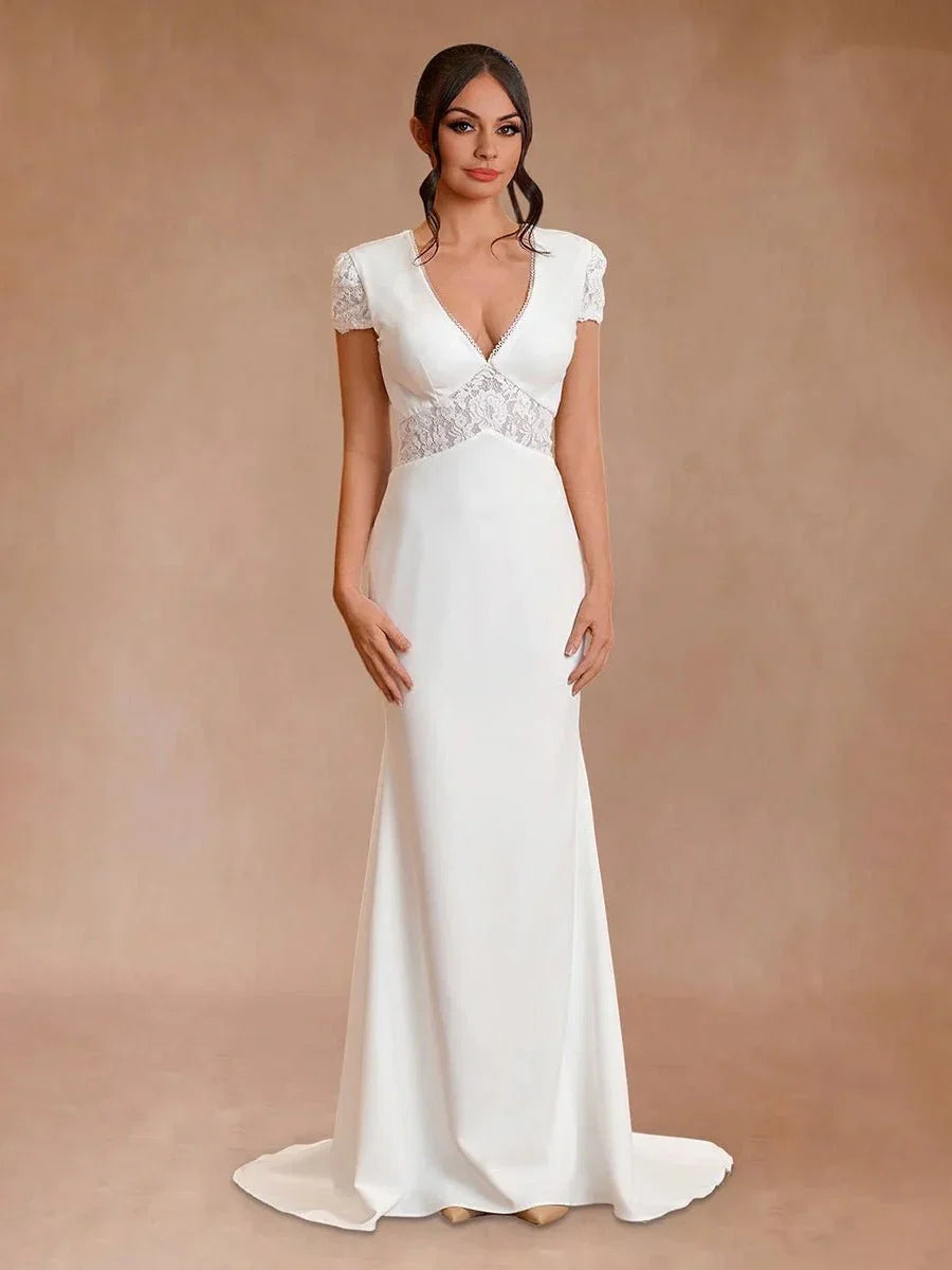 Modest Simple Sheath Short Sleeve Empire Floor Length Sweep Train Chiffon V neck Wedding Dress
