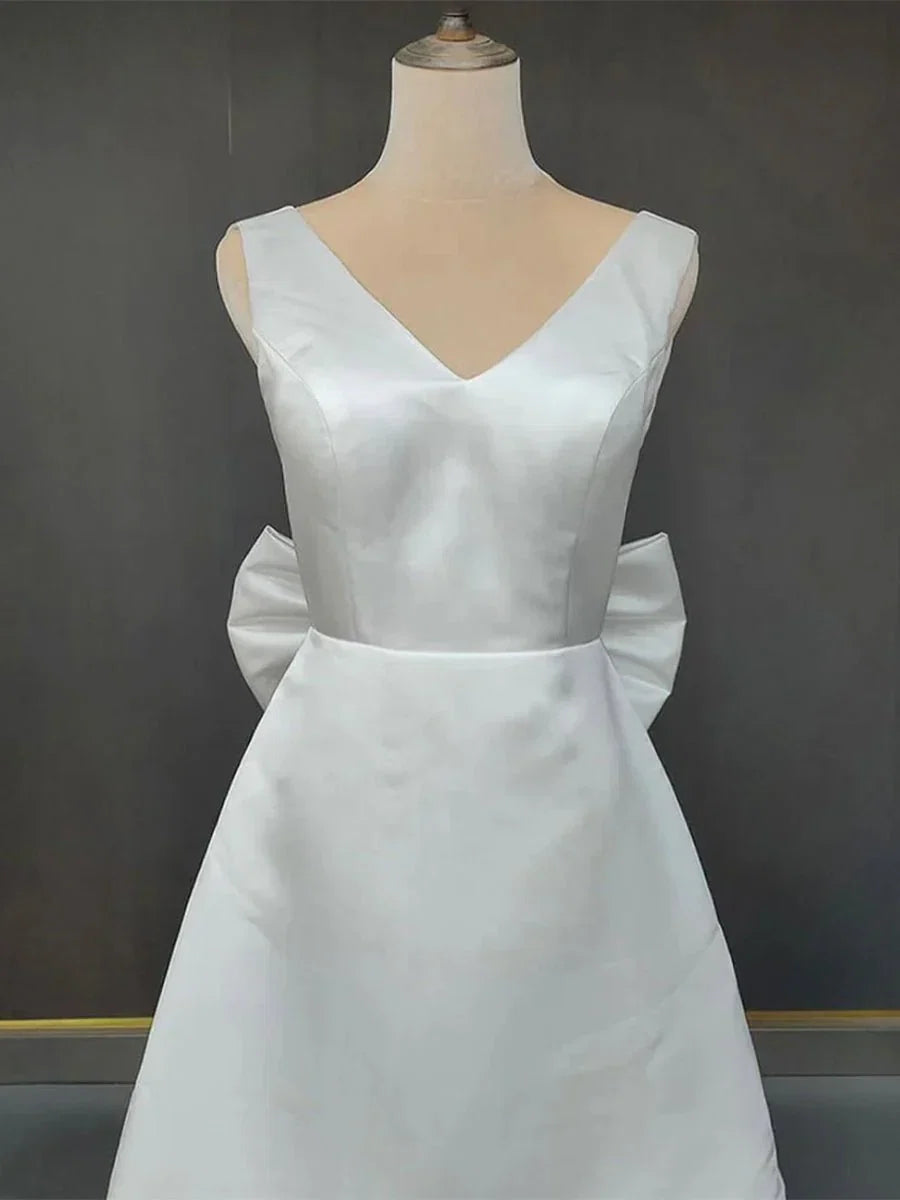 A Line Satin V Neck Short Wedding Dress with Large Bow