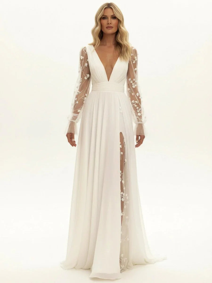Long Sleeve Boho Flowy Wedding Dress Lace A Line V Neck Beach Gown with Split Front and Sweep Train