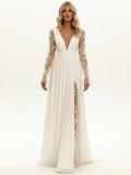 Long Sleeve Boho Flowy Wedding Dress Lace A Line V Neck Beach Gown with Split Front and Sweep Train