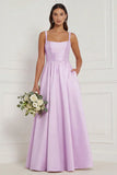 Lilac A Line Corset Satin Square Neck Long Bridesmaid Dress