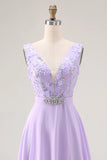 Lilac A Line Sequin Applique Long Bridesmaid Dress with Slit