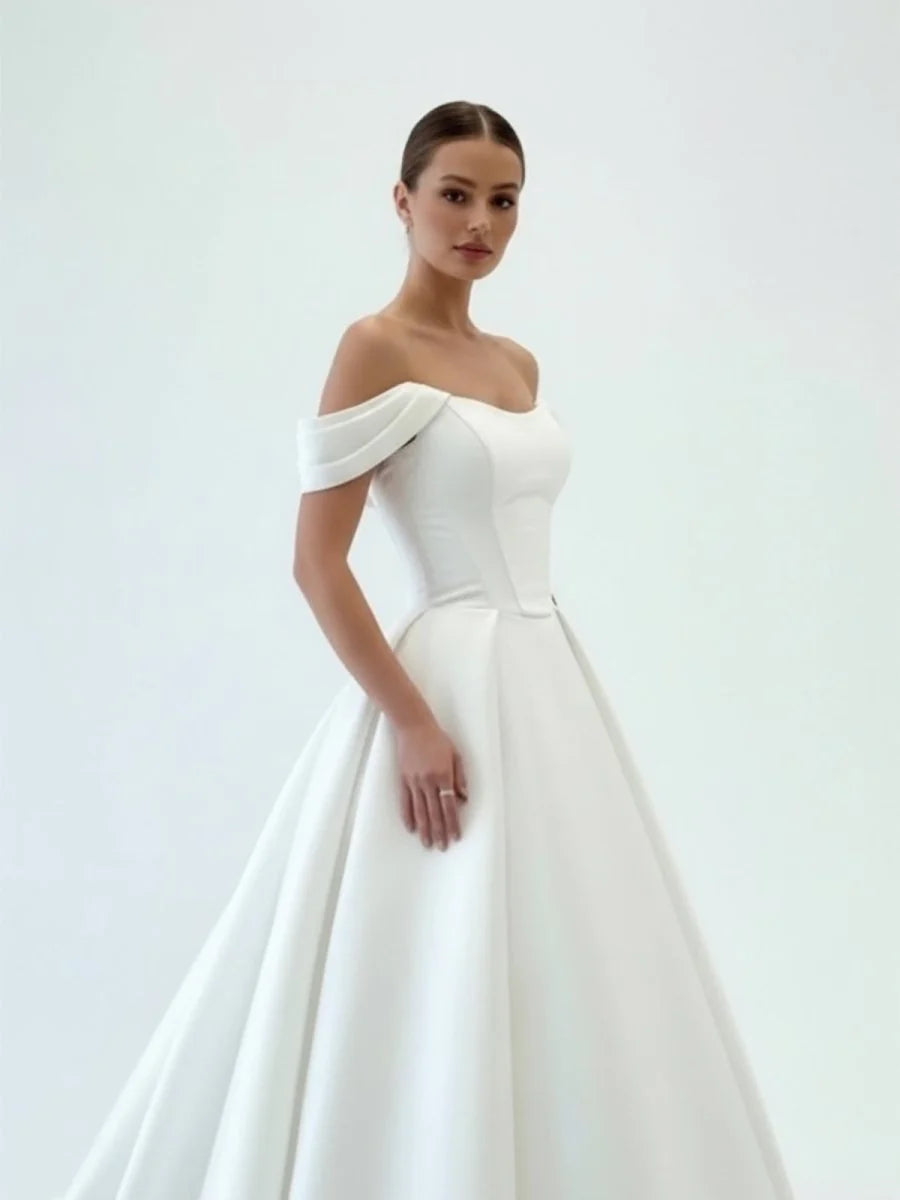 Elegant A Line Off the Shoulder White Satin Wedding Dresses