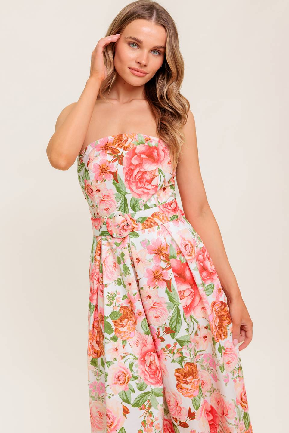 DAWN STRAPLESS MIDI DRESS PINK FLORAL