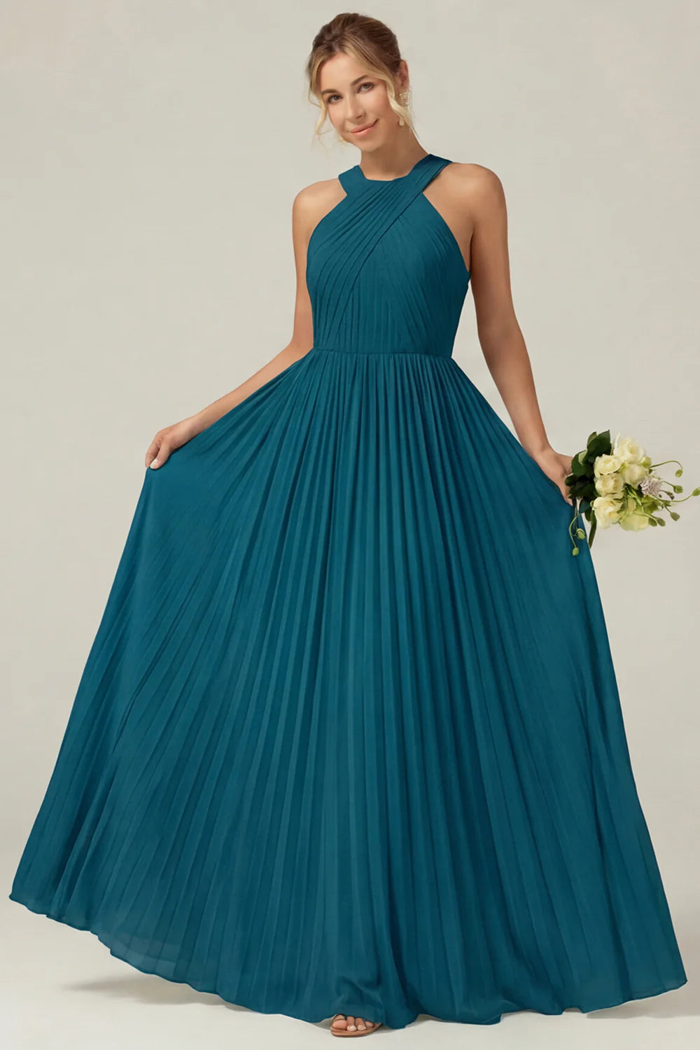 Dusty Sage A Line Halter Pleated Long Bridesmaid Dress