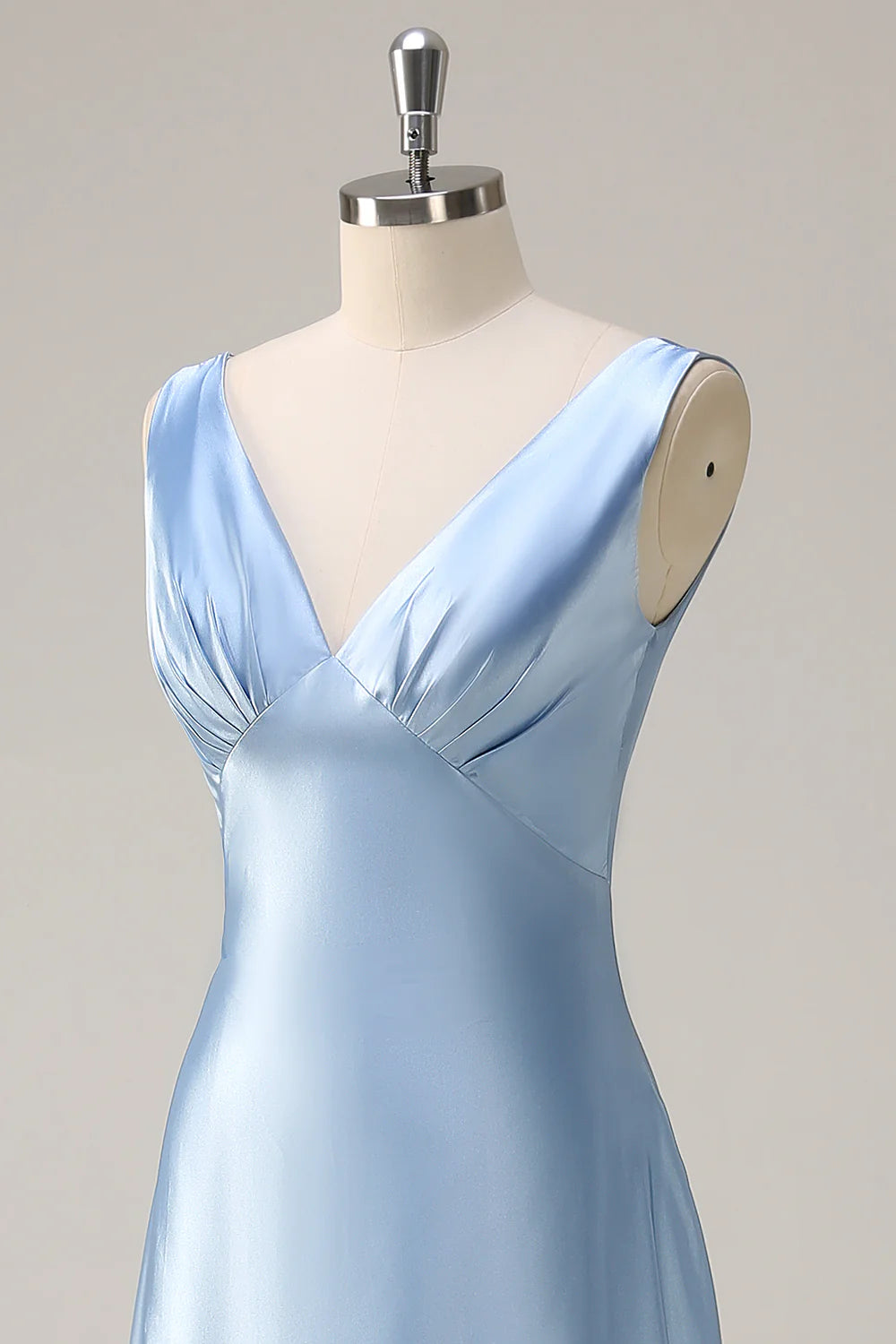 Sky Blue A Line V Neck Ruched Long Bridesmaid Dress