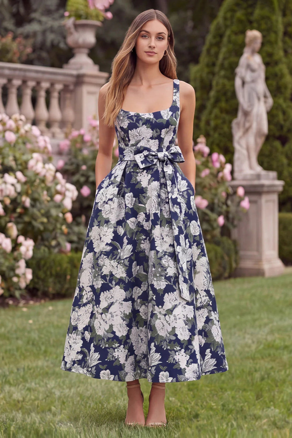 Navy Floral A Line Midi Wedding Guest Dress with Bow