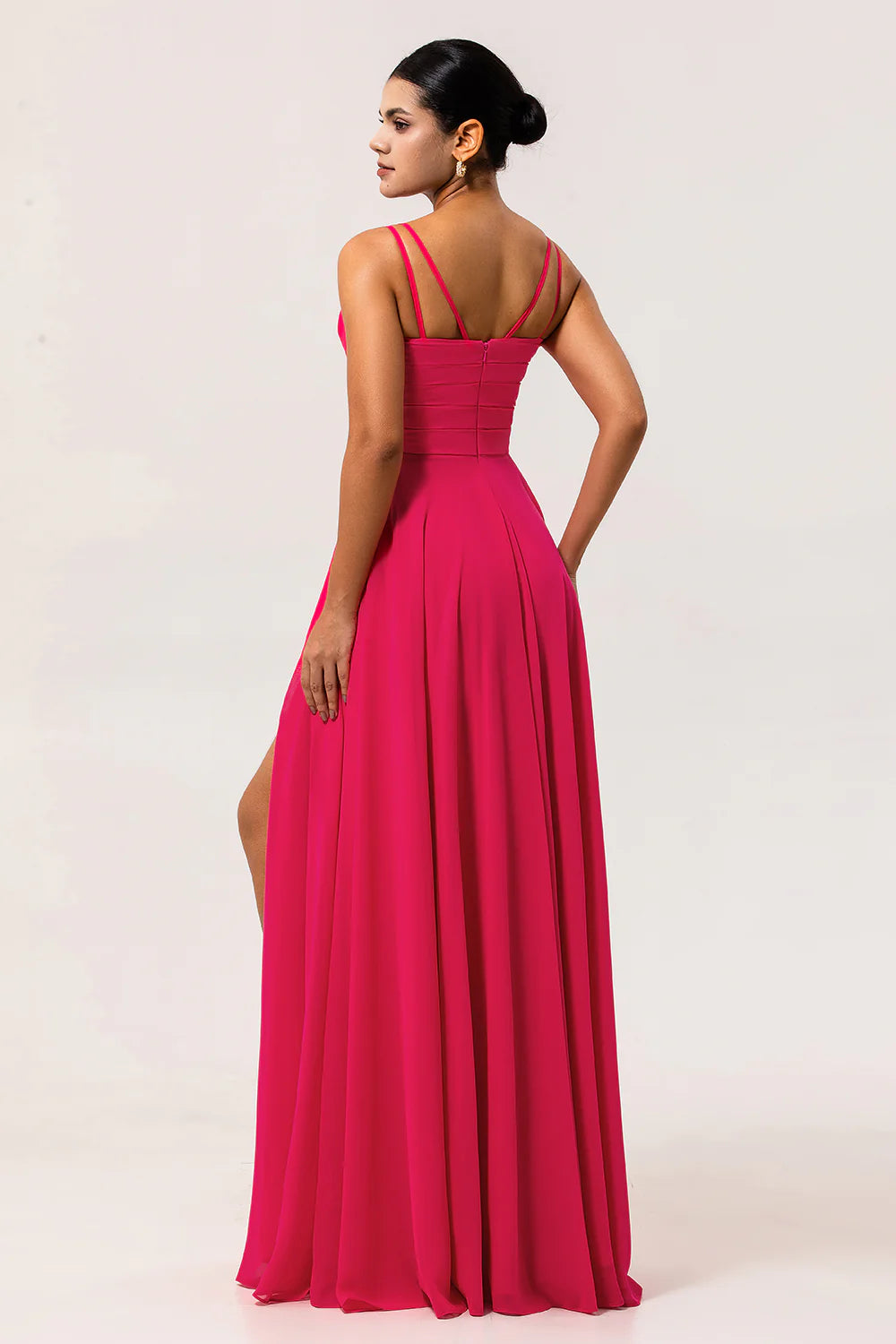 Hot Pink Cowl Neck A Line Chiffon Long Bridesmaid Dress with Slit