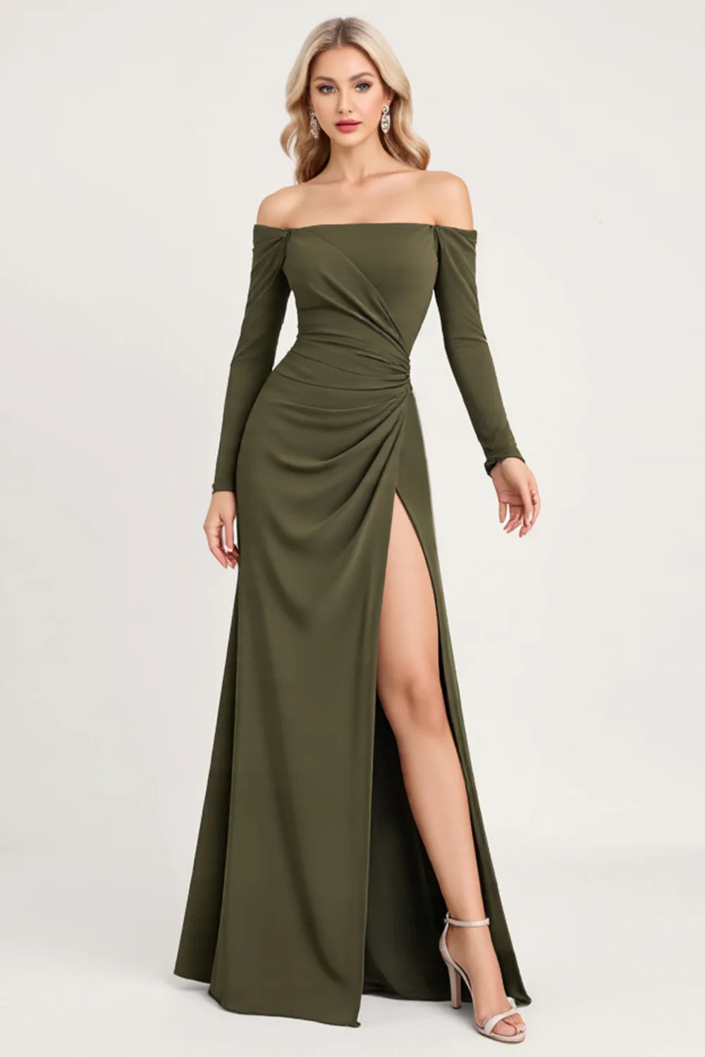 A Line Off The Shoulder Ruched Olive Bridesmaid Dress with Long Sleeves