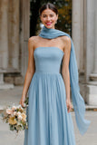 Dusty Blue Strapless Chiffon A Line Long Bridesmaid Dress