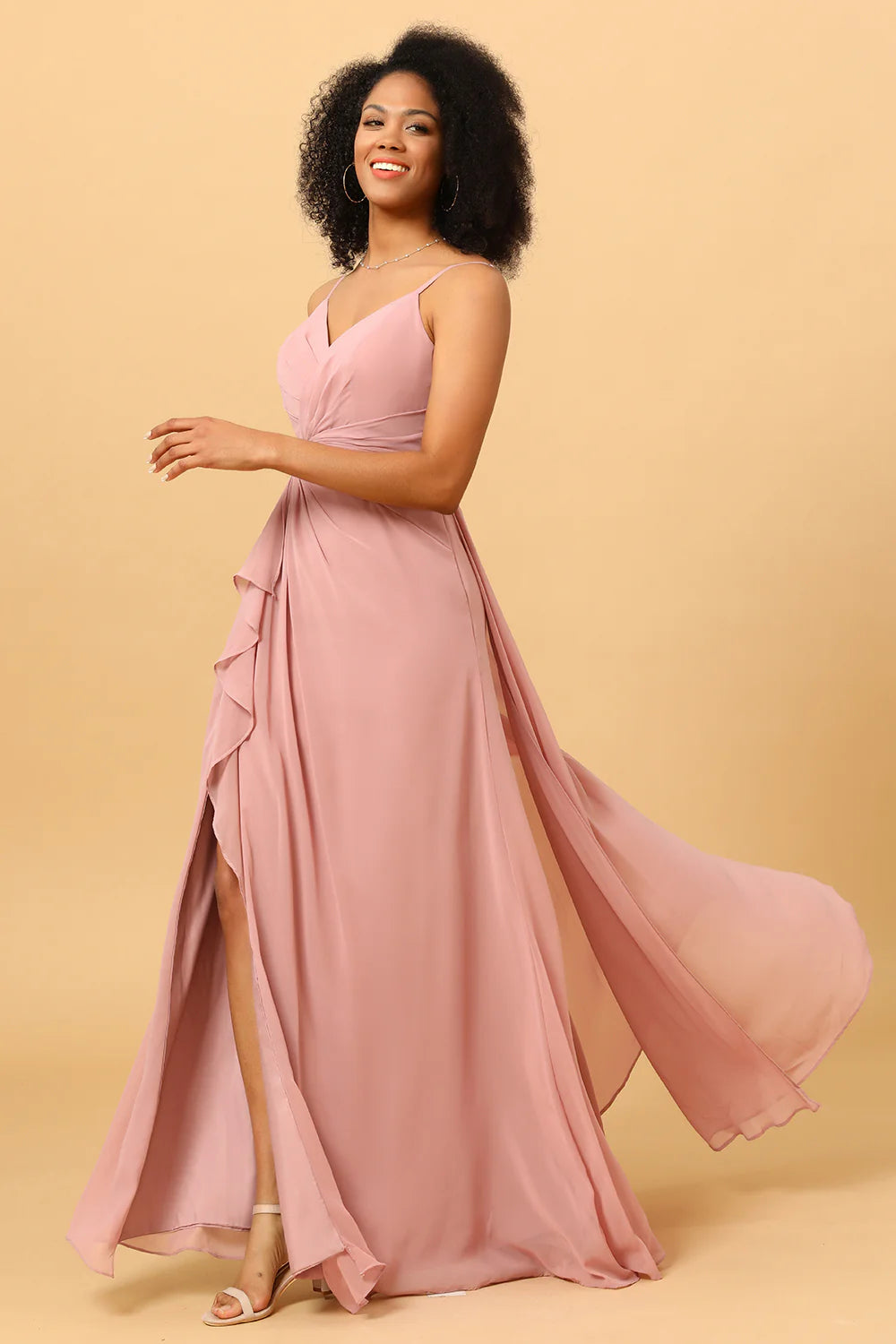 Blush A Line V Neck Chiffon Ruffled Long Bridesmaid Dress with Slit