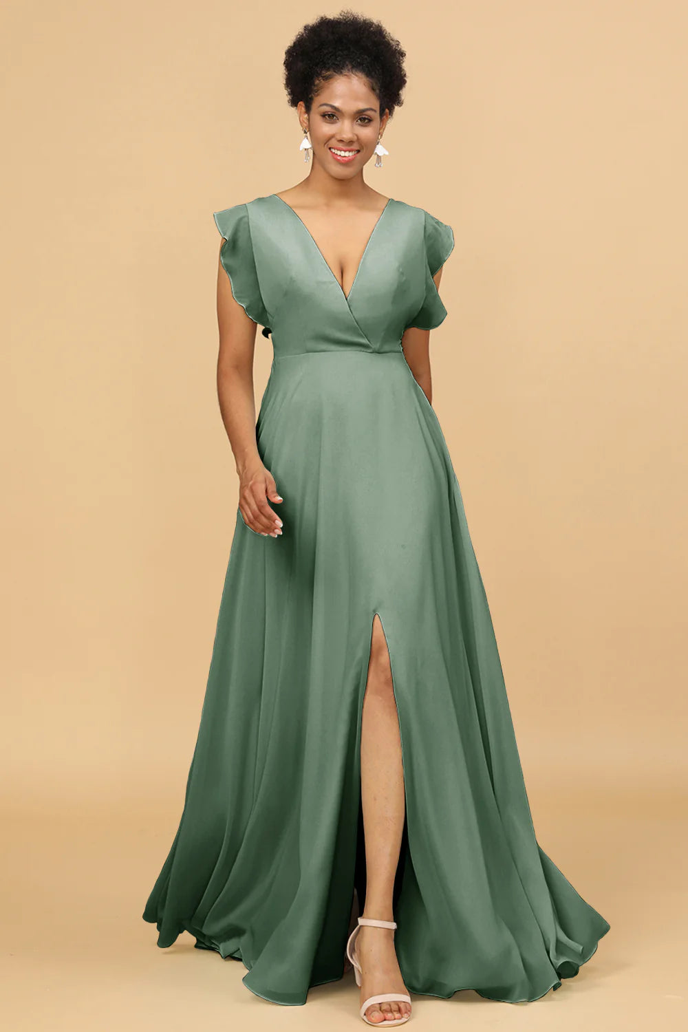 A Line V Neck Floor Length Chiffon Bridesmaid Dress with Slit