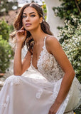 A Line Lace White Sweep Train Sleeveless Backless Wedding Dress