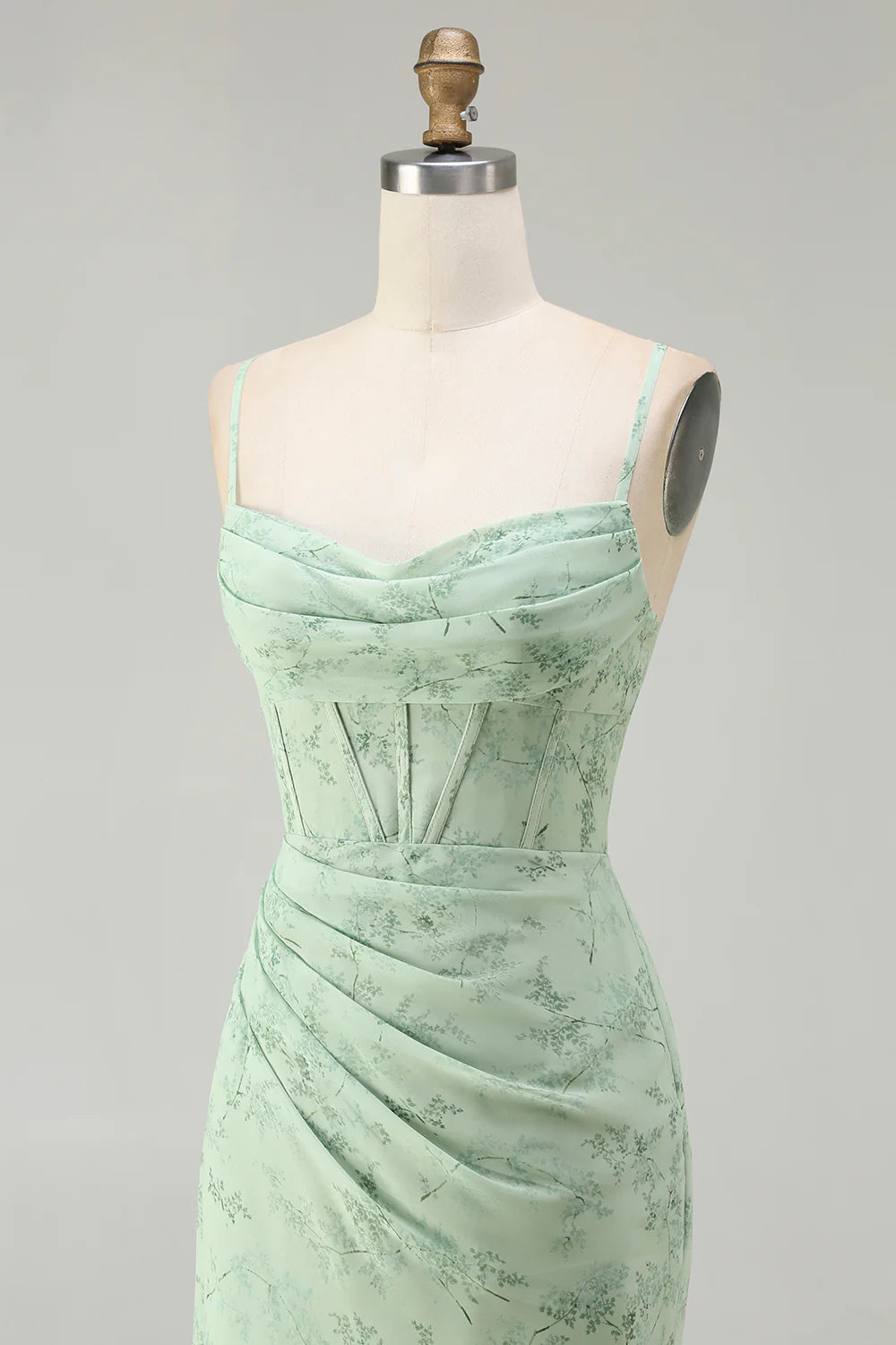 Green Sheath Corset Print Floral Long Bridesmaid Dress with Lace Up Back