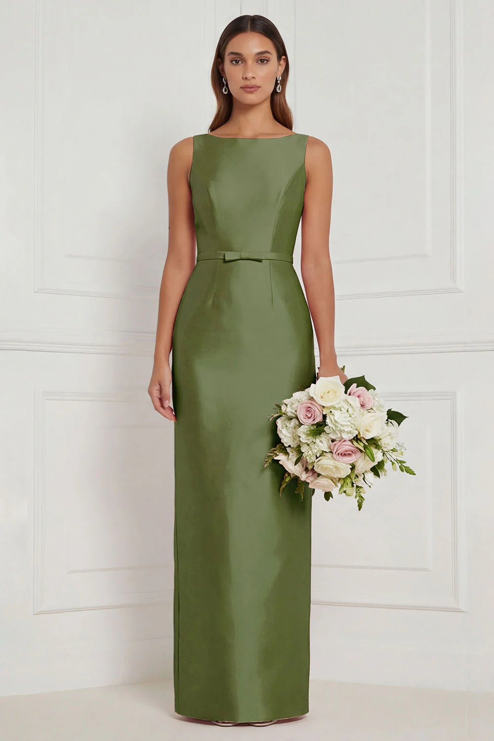 Sage Green Sheath Bateau Neck Satin Bridesmaid Dress