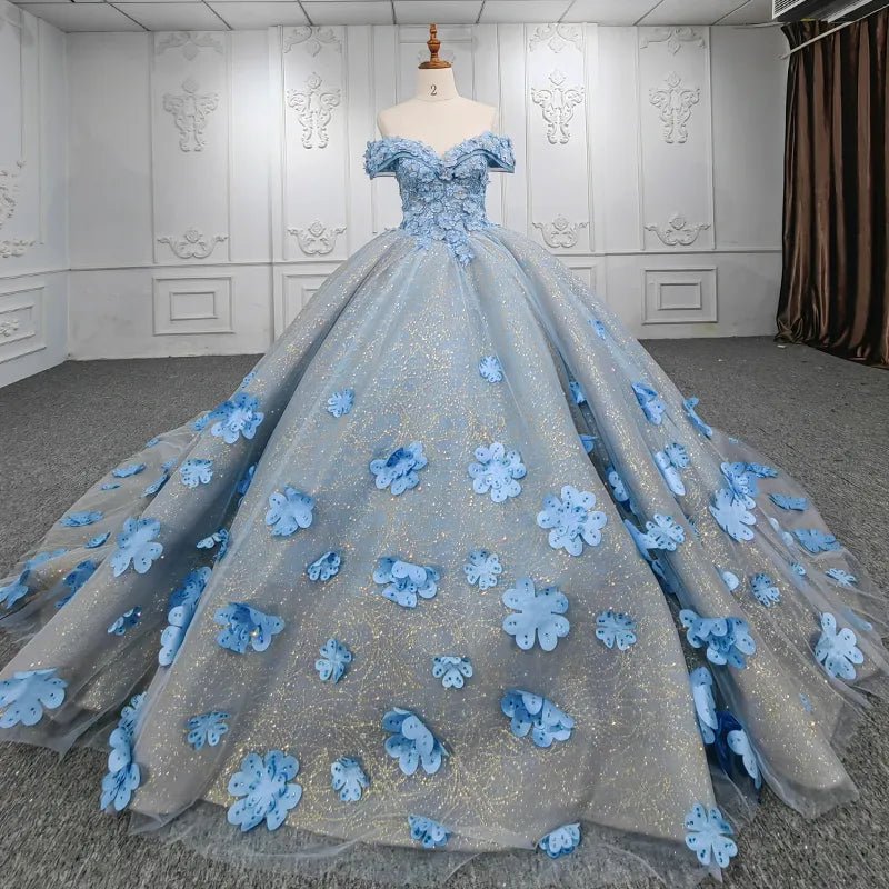 Quinceanera Blue Off the Shoulder Ball Gown Flower Dress