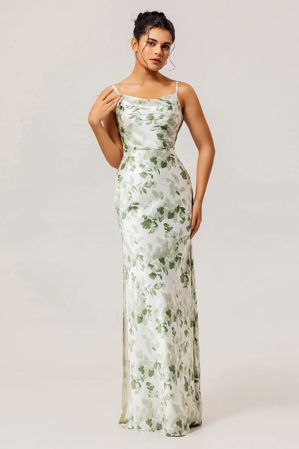 Green Flower Sheath Cowl Neck Printed Open Back Long Bridesmaid Dress