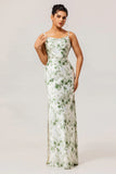 Green Flower Sheath Cowl Neck Printed Open Back Long Bridesmaid Dress