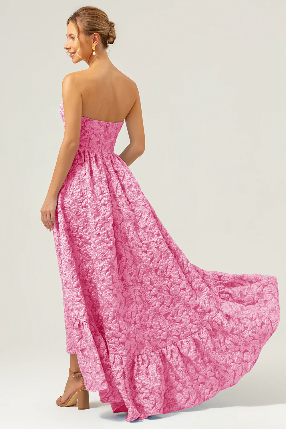 Blue A Line Strapless Brocade High Low Floral Bridesmaid Dress