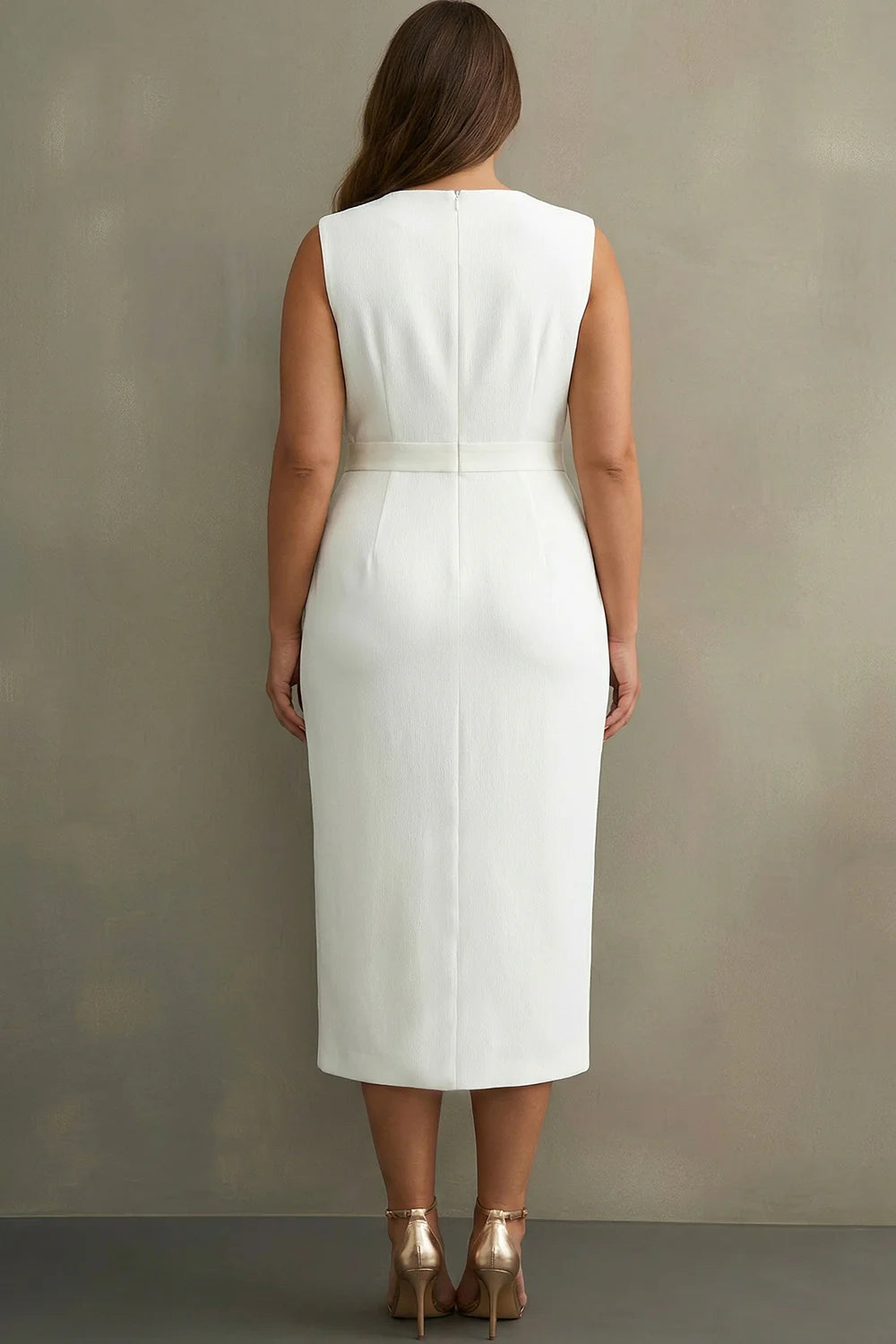 White Satin V Neck Plus Size Work Dress with Belt