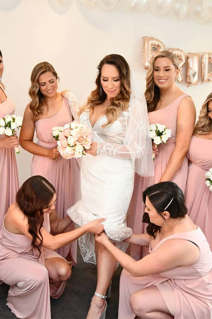 Pink One Shoulder Faux Wrap Satin Long Bridesmaid Dress