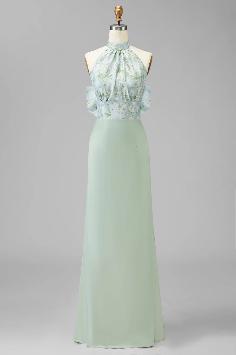 Green Printed Mermaid Halter Satin Bridesmaid Dress with Bow