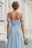 Sky Blue Off The Shoulder Chiffon A Line Bridesmaid Dress with Slit