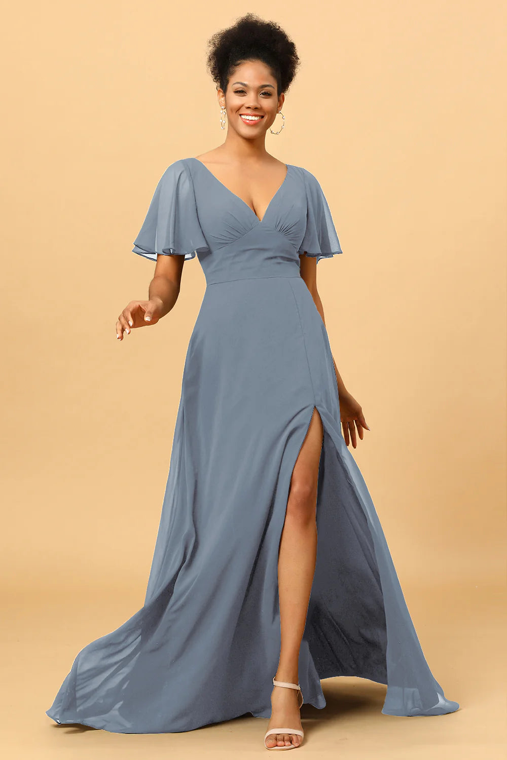A Line V Neck Long Chiffon Bridesmaid Dress with Slit