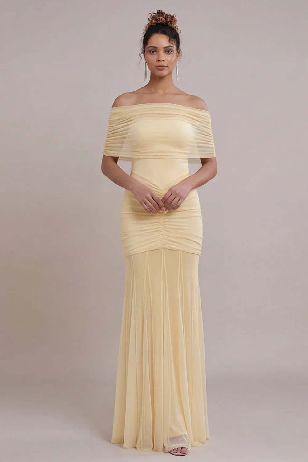 Daffodil Off the Shoulder Ruched Mermaid Long Weddding Guest Dress